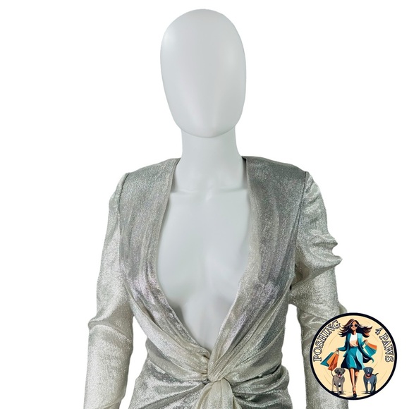 Redemption for FWRD Long Sleeve Metallic Deep V Party Dress in Silver Size XS - Picture 6 of 16